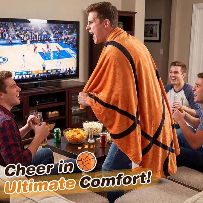 SeaRoomy Sports Balls Blanket, Novelty Funny Basketball Blanket, 60 in | Round Basketball Throw for Adults, Teens & Kids, White Elephant Gag Gifts for Sports Fans, Christmas & Birthday Presents