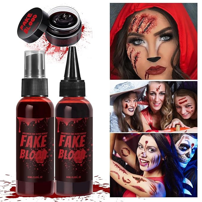 Fake Blood Makeup Kit – Realistic Halloween Fake Blood Spray & Gel for SFX, Cosplay, Costume, Stage, Zombie, Vampire, Scab Effects – Non-Toxic, Easy to Apply & Wash Off 【3-Pack】