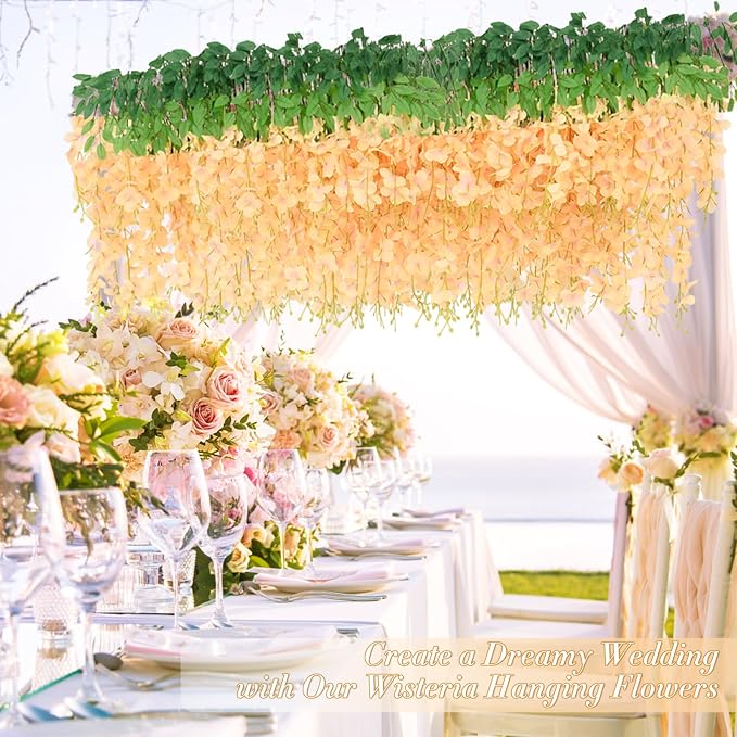 24 Pack Wisteria Hanging Flowers, 3.6 Feet Champagne Wisteria Artificial Flowers, Artificial Fake Flower Garland, Hanging Vines for Bedroom Wedding Home Party Wall Decor (Champagne, 24pcs)