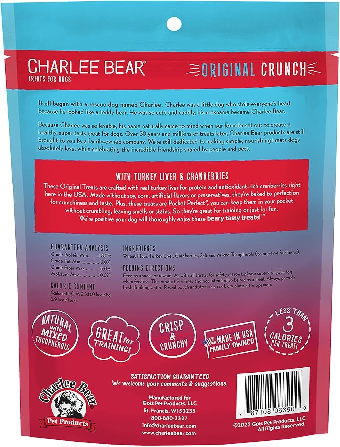 Charlee Bear Original Crunch Dog Treats,Turkey Liver and Cranberries Resealable Bag,Low Calorie Training Treats for Dogs,Limited Ingredient,Healthy,Crunchy Dog Snacks,Made in USA,16 Ounce (Pack of 2)
