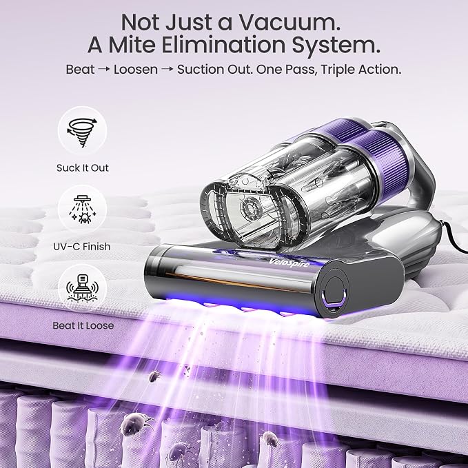 Bed Vacuum Cleaner, 20kPa, 253.7nm UV-C Light, Ultrasonic,149°F Heating