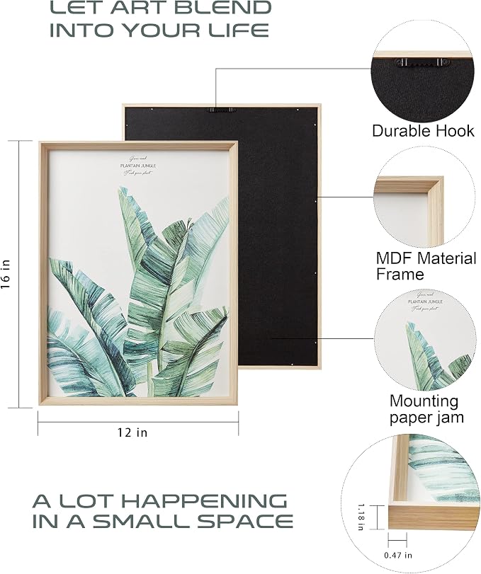 12x16IN Green Plant Eucalyptus Leaf Framed Wall Art, Set of 3 | Minimalist Botanical Canvas Prints for Living Room, High-Framed Wood Design Flower Artworks Poster for Bathroom Bedroom