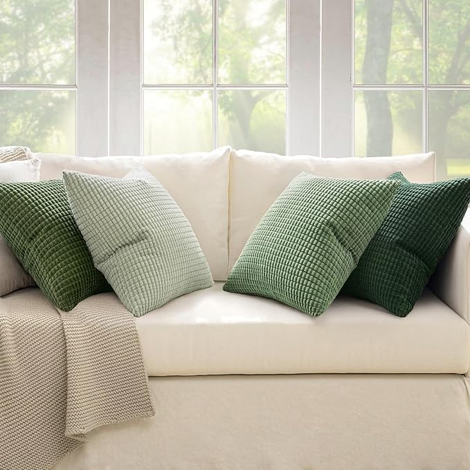 MIULEE Boho Decorative Pillow Covers 18x18 Inch Set of 4 Forest Green | Boho Farmhouse Home Decor, Modern Nordic Throw Pillow Covers, Summer Soft Corduroy for Couch Sofa Bed Living Room