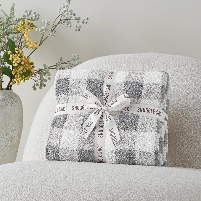 Snuggle Sac Checkered Throw Blanket for Couch, Super Soft, Cozy Warm Knit Decorative Blankets, Reversible Plaid Fluffy Throws for Sofa, Bed, Plaid Grey, 50x60 Inches