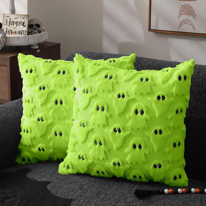 DFXSZ Halloween Pillow Covers 20x20 inch 2Pcs Green Ghost Halloween Decor | Halloween Decorations Set of 2 Throw Pillow Cases Plush Faux Fur Wool Cushion for Chair Sofa Bedroom Living Room Home Decor