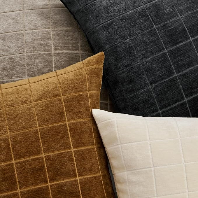 MIULEE Black Plaid Decorative Throw Pillow Covers 20x20 Set of 2 | Vintage, Check Chenille Couch Pillows, Neutral Boho Farmhouse Cushion Covers, Modern Home Decor for Sofa Bed Living Room