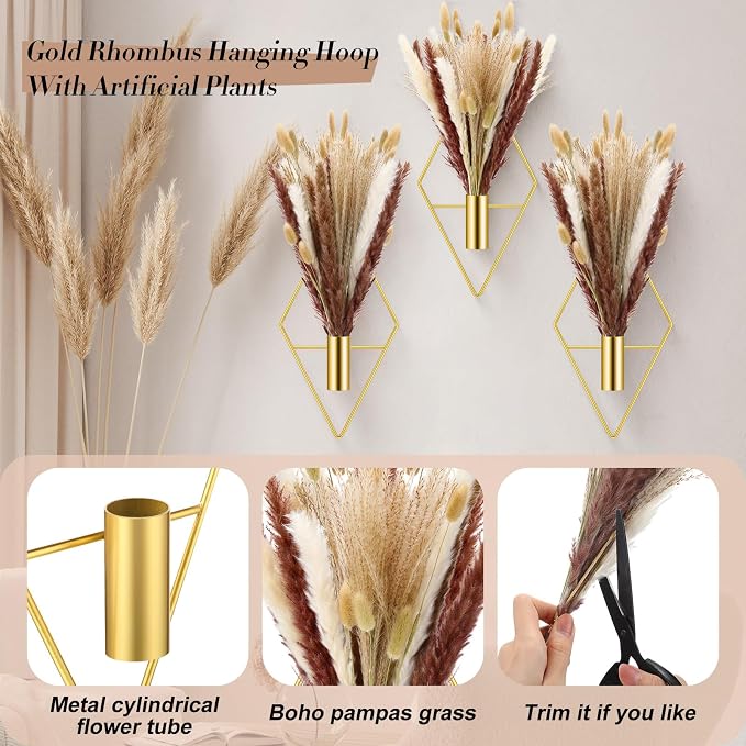 Hanaive 4 Sets Boho Wall Decor Metal Wall Art Hanging Planters with Artificial Pampas Display Modern Home Vase for Bedroom Home Office(Mixed,White，Brown)