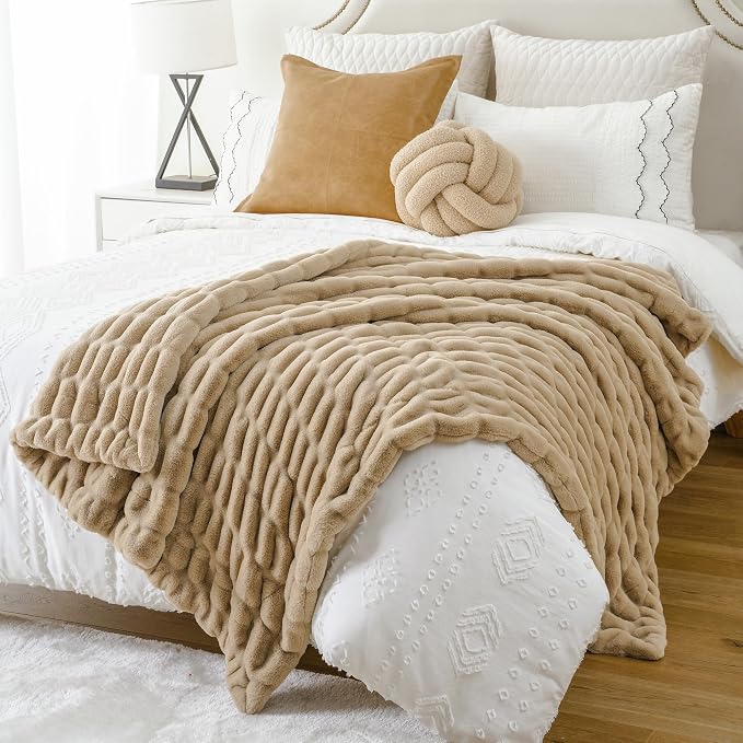BATTILO Soft Faux Fur Throw Blanket for Couch, Double Side, 50"x60", Beige | Luxury Minky Couture Blanket, Beige Throw Blanket, Cozy Warm Soft Fluffy Faux Fur Blanket For Bed, Sofa Living Room