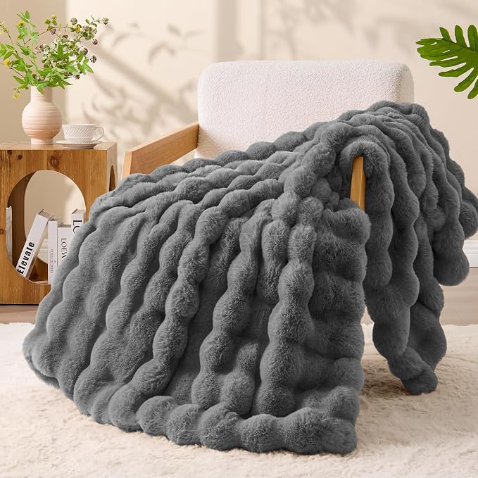 BEDELITE Faux Fur Throw Bubble Blanket for Couch, 60" x 80", Dark Grey | 870GSM Soft Cozy Plush Blanket for Sofa & Bed Living Room Decor, Warm Fuzzy Faux Rabbit Fur for Women Gift, All Season Use