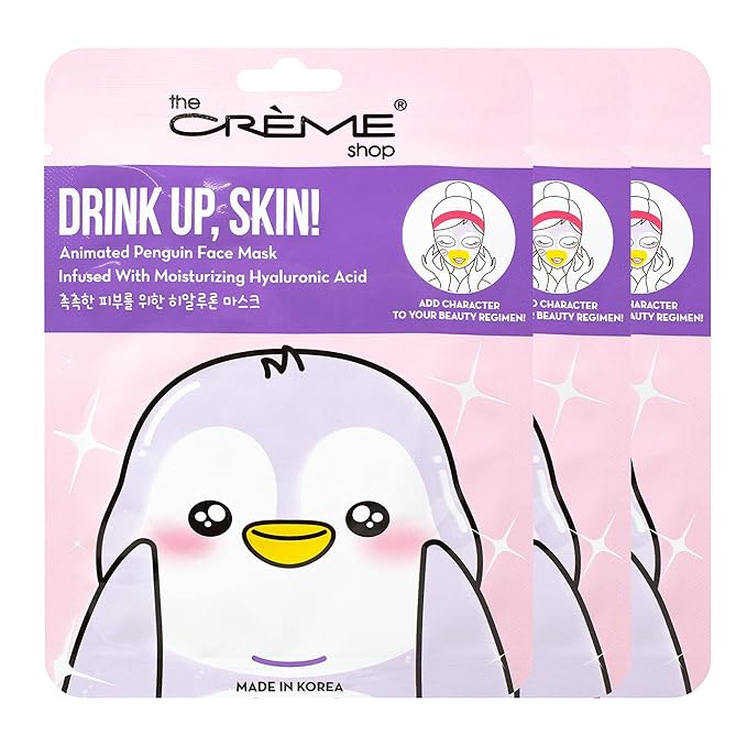 The Crème Shop Korean Skincare Beauty Full Facial Advanced Sheet Daily Natural Essence easy-to-use Soothing - Drink Up, Skin! Penguin Face Mask 3 Piece Value Set