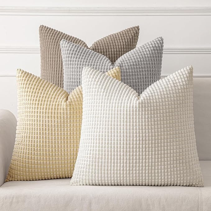 MIULEE Neutral Harmony Decorative Pillow Covers 18x18 Inch Set of 4 | Rustic Farmhouse Boho Soft Throw Pillows, Corduroy Couch Pillowcases, Nordic Home Decor for Sofa Living Room Bed