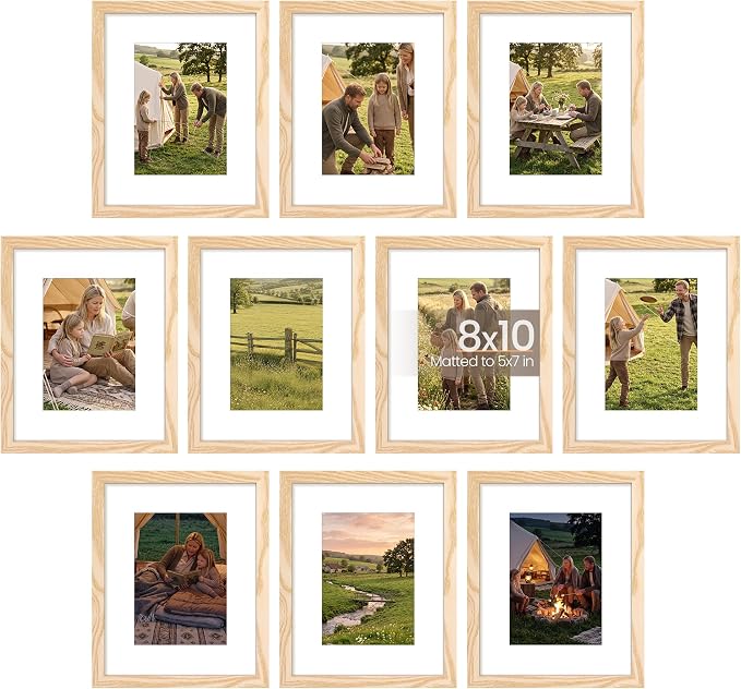upsimples 8x10 Picture Frame Set of 10, Display Pictures 5x7 with Mat or 8x10 Without, Multi Photo Frames Collage for Wall or Tabletop Display, Natural | Fit 5x7 and 8 x 10 Photos, Wall or Tabletop Display, For Gallery Hallway Living Room, For Christmas
