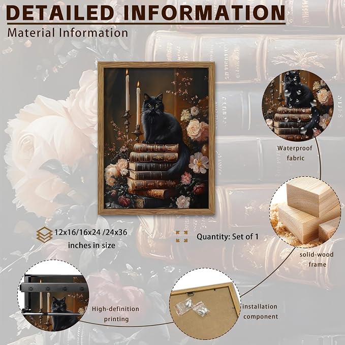 Vintage Dark Academia Framed Wall Art, Victorian Black Cat Floral Canvas Prints, Antique Book Wildflower Gothic Wall Decor for Living Room Gallery Library – Dark Wooden Frame 16x24in