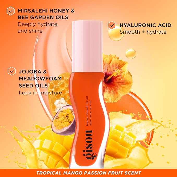Gisou Honey Infused Hydrating Lip Oil, Nourishing Lip Moisturizer for Dry Lips, 0.27 fl oz (Mango Passion Punch)