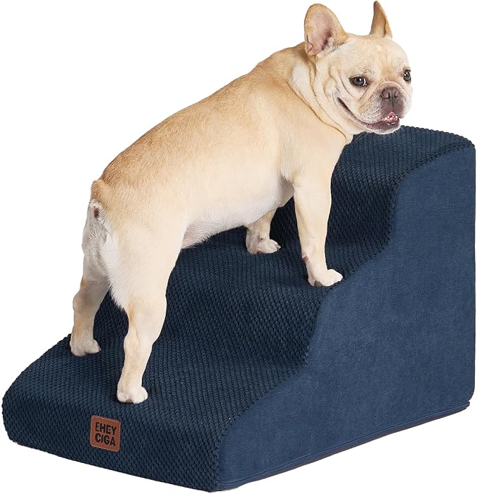 EHEYCIGA Curved Dog Stairs Ramp, 3-Step Dog Steps, 15.7" H Pet Step | 33D density of pure foam, for Small Dogs and Cats, Pet Stairs for High Bed Climbing, Non-Slip Balanced Indoor, Navy