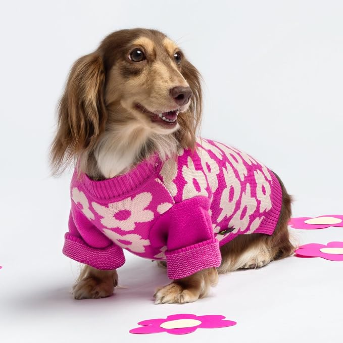 Fitwarm Floral Dog Sweater - Thermal Dog Sweatshirt, Hot Pink, White, Small