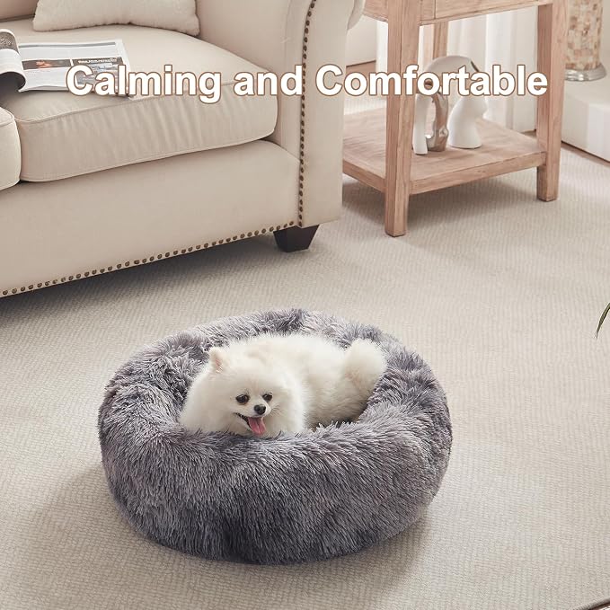 23 in Faux Fur Fluffy Donut Dog Bed for Small Dogs,Tie-dye Grey | Calming Plush Round Puppy Pet Bed with Removable & Washable Cover,Fits up to 25 lbs Pets