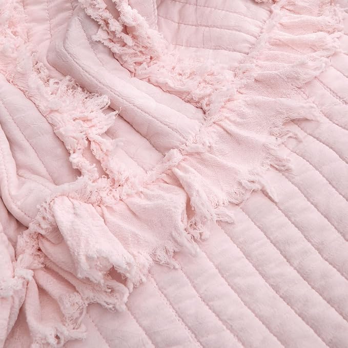 Ultra Soft Pre-Washed Quilted Boho Pink Twin Size Blankets for Bed, Ruffle Fringed Decorative Throw, Stone Washed Chic Rustic Blanket for Sofa Couch Bed, 60"*80"