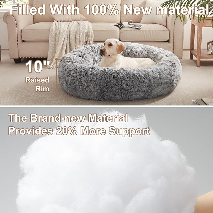 45 in Faux Fur Fluffy Donut Dog Bed for Extra Large Dogs,Dark Grey | Calming Plush Round Jumbo Pet Bed with Removable & Washable Cover,Fits up to 120 lbs Pets