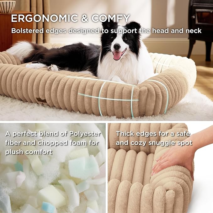 Bedsure ComfyFleece™ Cute Dog Bed Medium Large Size Dog，33in Sandy Beige | Furry Big Pet Beds,Washable Rectangle Orthopedic Corduroy Aesthetic,Removable Zipper Cover,Non-Slip Bottom,Up To 50 Lbs