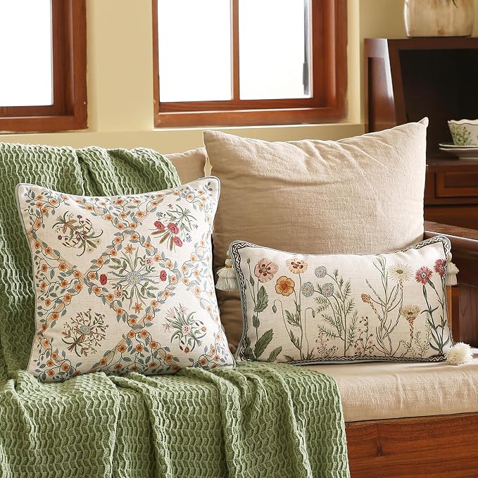 Vintage Linen Throw Pillow Cover,Set of 2,18"x18"-Serenity A | Designer Elegant Square Pillow Cover,Concealed Zipper Design,Floral Pattern,Sofa,Bedroom,Living Room,Lounge Chairs