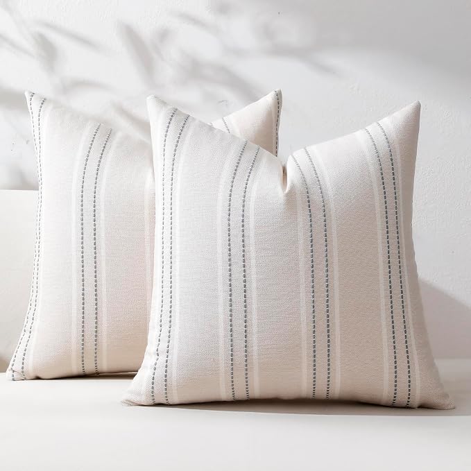 Hckot Grey Decorative Throw Pillow Covers 22x22 Set of 2 Boho Pillow Covers | Striped Farmhouse Pillows Textured Linen Square Cushion Covers for Sofa Couch Bed Living Room Decor(Light Grey)