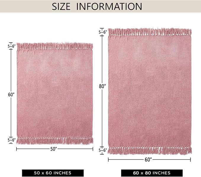 Chenille Throw Blanket for Couch 60" x 80", Twin Mauve | Soft Cozy Warm Throws with Fringe Tassel, for Living Room Bed Sofa Chair Cover, Lightweight Knitted Decorative Boho Blankets