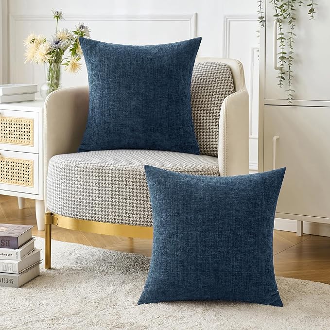 MIULEE Soft Chenille Throw Pillow Covers Blue 18x18 Inch Pack of 2 | Modern Coastal Home Decor, Classic Decorative Pillows, Solid Dyed Cases, Boho Couch Cushion Covers for Sofa Bed Living Room