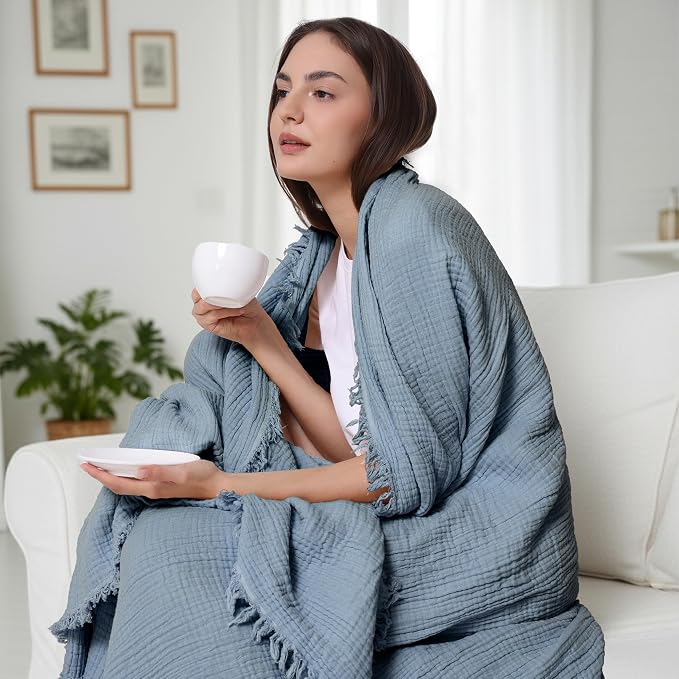 WDCOZY Muslin Throw Blanket 100% Cotton Blankets 4-Layer Breathable Lightweight Soft for Couch Boho Farmhouse Linen Tassels Ruffle Gauze Blankets All Season for Adults 50x60 Inches Dusty Blue