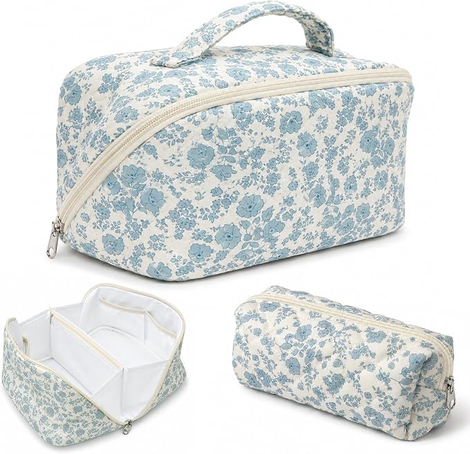 Travel Makeup Bag for Women,Large Capacity Quilted Cosmetic bag， 2PCS Make up Bag Set Open Flat Toiletry Bag for Skincare, Brushes & Travel Essentials (Blue2)