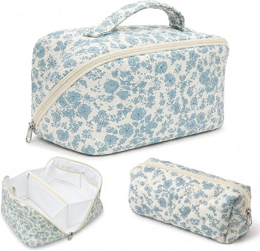 Travel Makeup Bag for Women,Large Capacity Quilted Cosmetic bag， 2PCS Make up Bag Set Open Flat Toiletry Bag for Skincare, Brushes & Travel Essentials (Blue2)