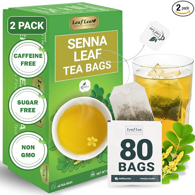 LeafLea Senna Tea Bags, Natural Laxative for Occasional Constipation, 80 Ct | Pure Senna Leaf, Individually Foil-Wrapped for Freshness, Caffeine-Free, Sugar-Free, Non-GMO, Vegan, Stock-Up 2-Pack