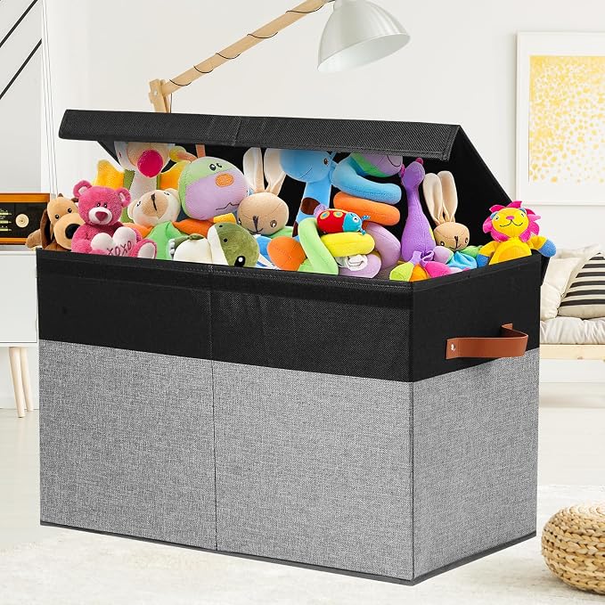 Large Toy Storage Box with Lid, Toy Chest Bin Boxes Basket with Dividers | Sturdy Toy Organizer Bin for Kids, Boys, Girls, Nursery, Living Room, Bedroom, Playroom 25"x13" x16"(Black and Grey)
