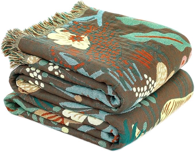 LUTBM Boho Throw Blanket for Bed Cotton Soft Lightweight Quilt Summer Blanket Twin Forest Tiger Embroidery Home Decor Breathable Bed Blankets,60"x80" All Season Throw for Sofa Couch Chair