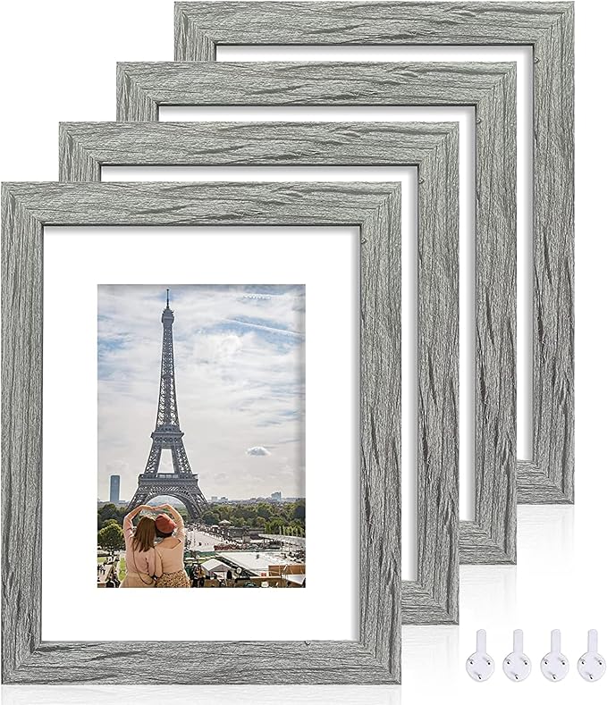 Hongkee 8x10 Picture Frame Set of 4, Made of Real Glass and Grey Wooden Frame, 8 by 10 Photo for Wall or Tabletop - Display Picture 5x7 with Mat or 8x10 Without Mat