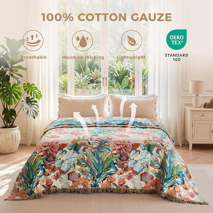 LUTBM Boho Throw Blanket for Couch 50"x60", Cotton Decorative Bed Throw | Reversible Botanical Floral Jacquard, All-Season, For Chair Sofa Living Room, Lightweight & Breathable Throws, Home Decor