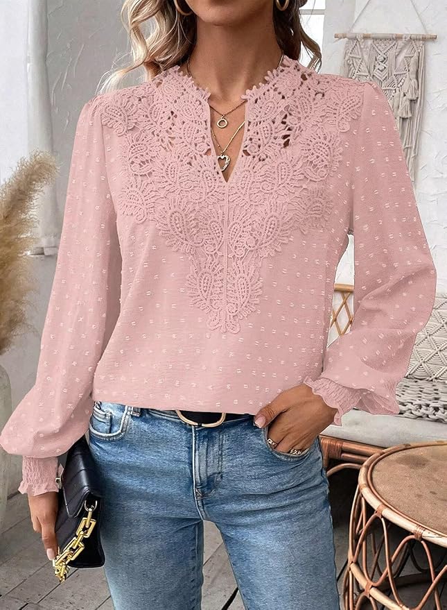 Womens Tops Swiss Dot Boho Long Sleeve Shirts V Neck Casual Chiffon Blouses Flowy Lace Hem Cute Clothing Trendy 2026