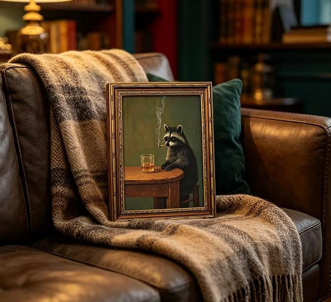 Vintage Gold Framed Smoking Raccoon Wall Art,Moody Dark Funny Animal Whiskey Cigar Canvas Print,Humor Funny Raccoon Wall Decor,Retro Bar Cart Poster Artwork,for Study Living Office Bar Decor