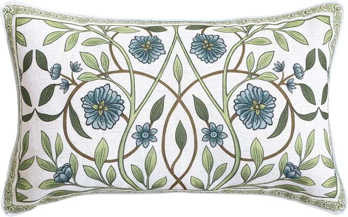 Designer Vintage Linen Throw Pillow Cover,20"x12"-Mosella A | French Elegant Rectangle Decor Pillow Cover,Concealed Zipper Design,Floral Pattern,Sofa,Bedroom,Living Room,Lounge Chairs