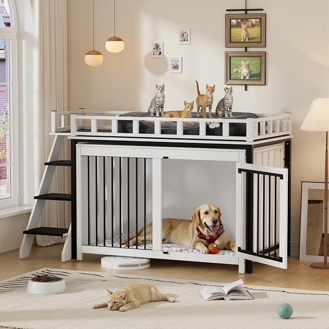 PakaLife Loft-Style Dog Crate Furniture with Double Doors, Heavy Duty Dog Kennel Indoor for Medium and Large Dogs, Wooden Pet House with Multi-Purpose Blanket and Fluffy Dog Bed