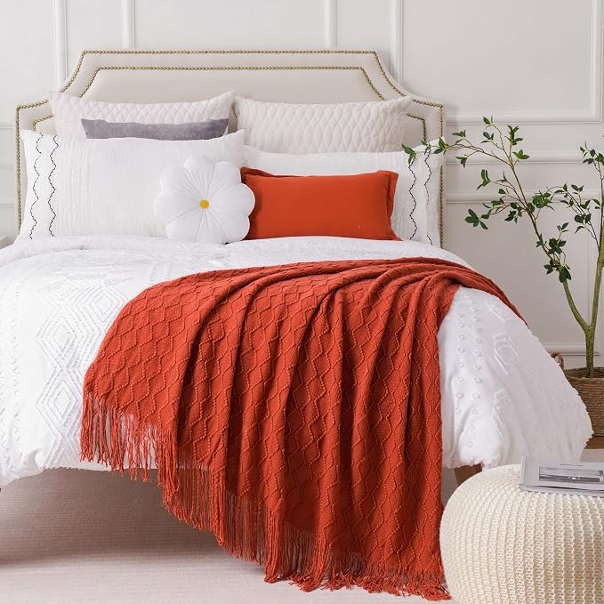 BATTILO HOME Rust Throw Blanket for Couch, 50" x 60", Acrylic Knit Woven Summer Blanket, Lightweight Decorative Soft Nap Throw with Tassel for Chair Bed Sofa Travel Picnic, Suitable for All Seasons