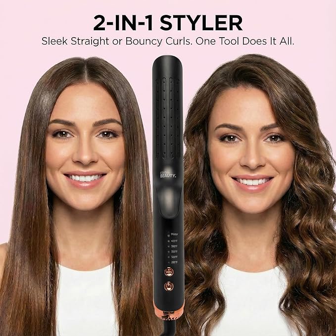 Cortex Beauty 360° Airflow Styler Curling Iron | 2-in-1 Hair Straightener and Curler with Cool Air Flow Vents | Professional Flat Iron with Ionic Wand to Lock in Curls for Long & Short Hair, Black