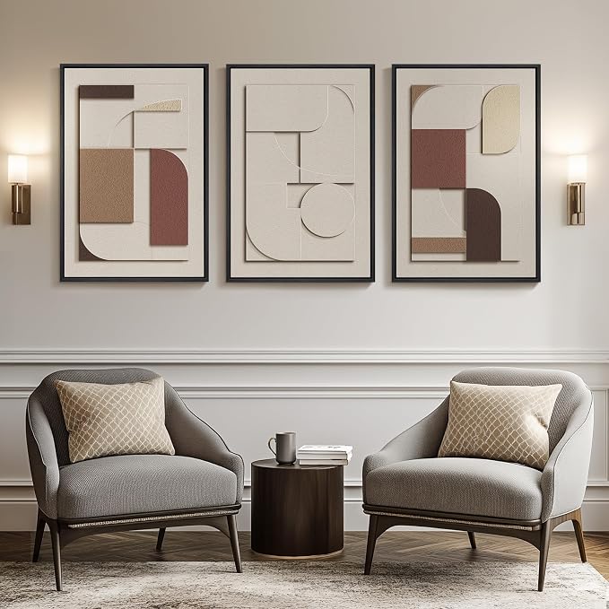 Large 3D Textured Framed Neutral Abstract Wall Art, Beige Brown Geometric Paintings Artwork for Walls, 3 Piece Modern Minimalist Earth Tone Pictures for Living Room Dining Bedroom Wall Decor 20x30 In