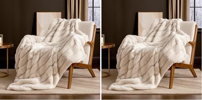 Cozy Bliss Faux Fur Throw Blanket for Couch, Cozy Soft Plush Thick Winter Blanket for Sofa Bedroom Living Room, 50 * 60 Inches Beige (Pack of 2)