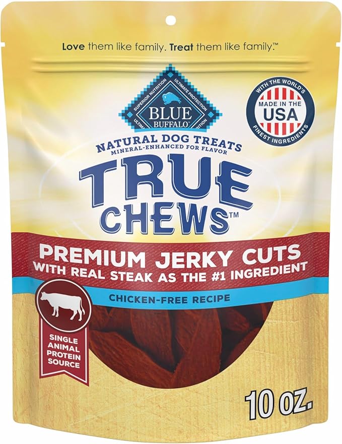 Blue Buffalo True Chews Premium Jerky Cuts Steak Dog Treats, 10 oz | Chicken-Free Recipe, Real Steak First, Made in the USA, No Artificial Preservatives