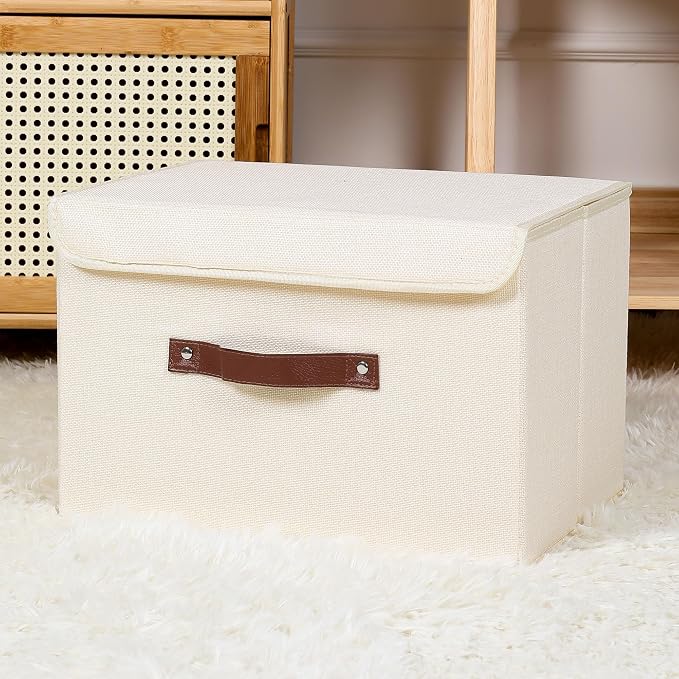 ANMINY Fabric Storage Box Bins with Lids, Beige, 15"x10"x10", 4 Pack | Keepsake Memory Storage, Cotton Linen, PP Board Reinforced, Washable, PU Handles, Foldable & Stackable, Decorative, Large