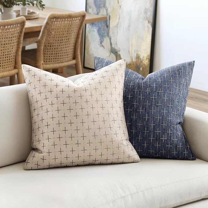 MIULEE Pack of 2 Decorative Burlap Linen Throw Pillow Covers Modern Farmhouse Pillowcases Rustic Woven Textured Cushion Cover for Sofa Couch Bed 16x16 Inch Blue
