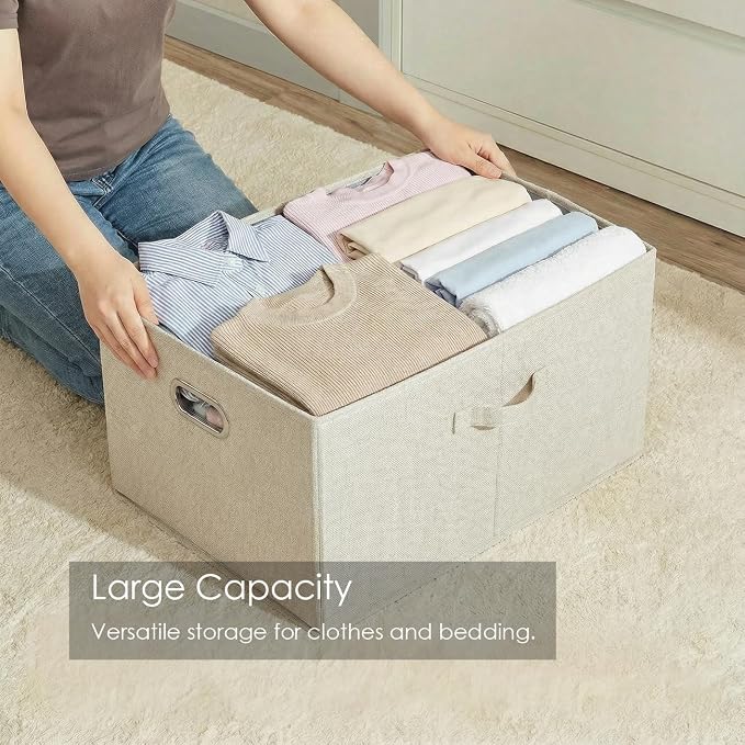 Storage Bins with Lids [3-Pack] Linen Fabric Foldable Storage Boxes Organizer Containers Baskets Cube with Cover for Bedroom Closet Office Beige (23.4X15.9X11.4)