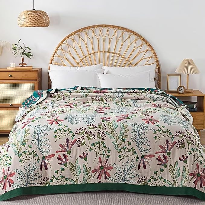Boho Throw Blanket for Bed 100% Cotton Bohemian Blankets Ultra Soft Woven Muslin Decorative Blankets All Seasons Vintage Quilt Knitted Blanket for Sofa Chair(Green, 90"x98")