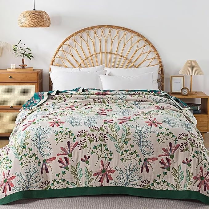 Boho Throw Blanket for Bed 100% Cotton Bohemian Blankets Ultra Soft Woven Muslin Decorative Blankets All Seasons Vintage Quilt Knitted Blanket for Sofa Chair(Green, 60"x80")